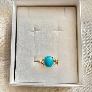 Vintage 14K Gold Turquoise Ring w Two Diamond Accents Dainty Ring Size 5